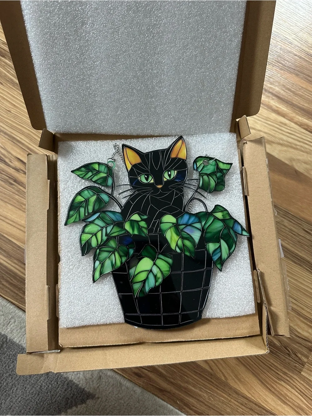 Black Cat Stained Glass Window Hanging Sun Catcher In Monstera Leaf Pot NIB